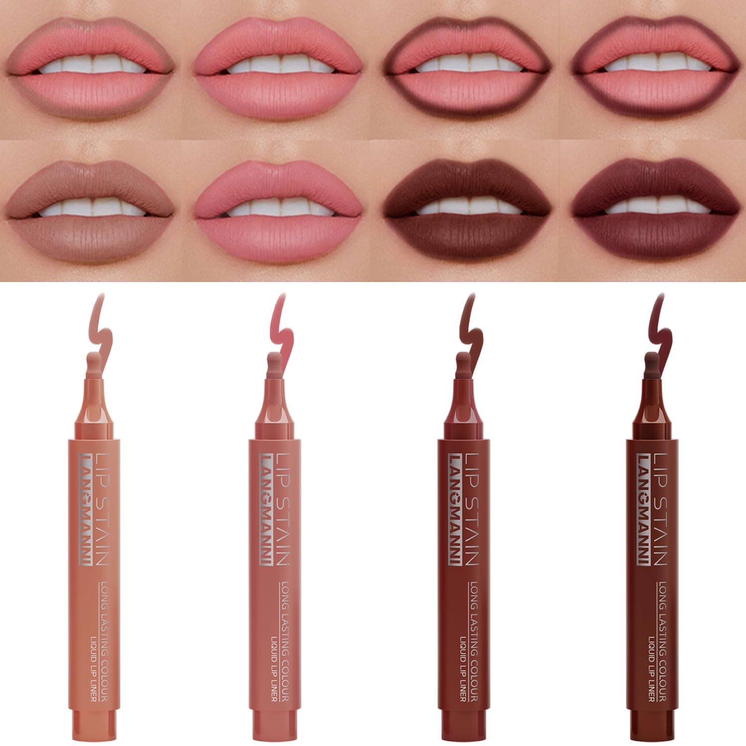 Jolilab 4 Colors Lip Stain Set:Marker Matte Liquid Lip Stain Pen,Highly Pigmented,Long-Lasting,Lip Liner Lip Contour Multi-Use.(#01+02+03+04)