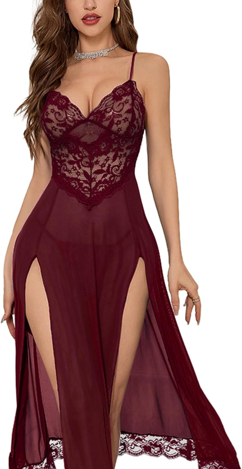 Sexy Split Mesh Lace Floral Sheer Babydoll Lingerie Outfit Dress 2 Piece with Thong Set