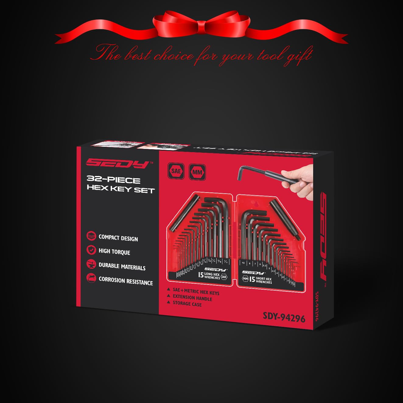 SEDY 32-Piece Hex Key Wrench Set, Metric and SAE Allen Wrenches (0.028-3/8 inch, 0.7-10 mm) L Shape Allen Keys, Chrome Vanadium Steelwith 2x Extension Handle