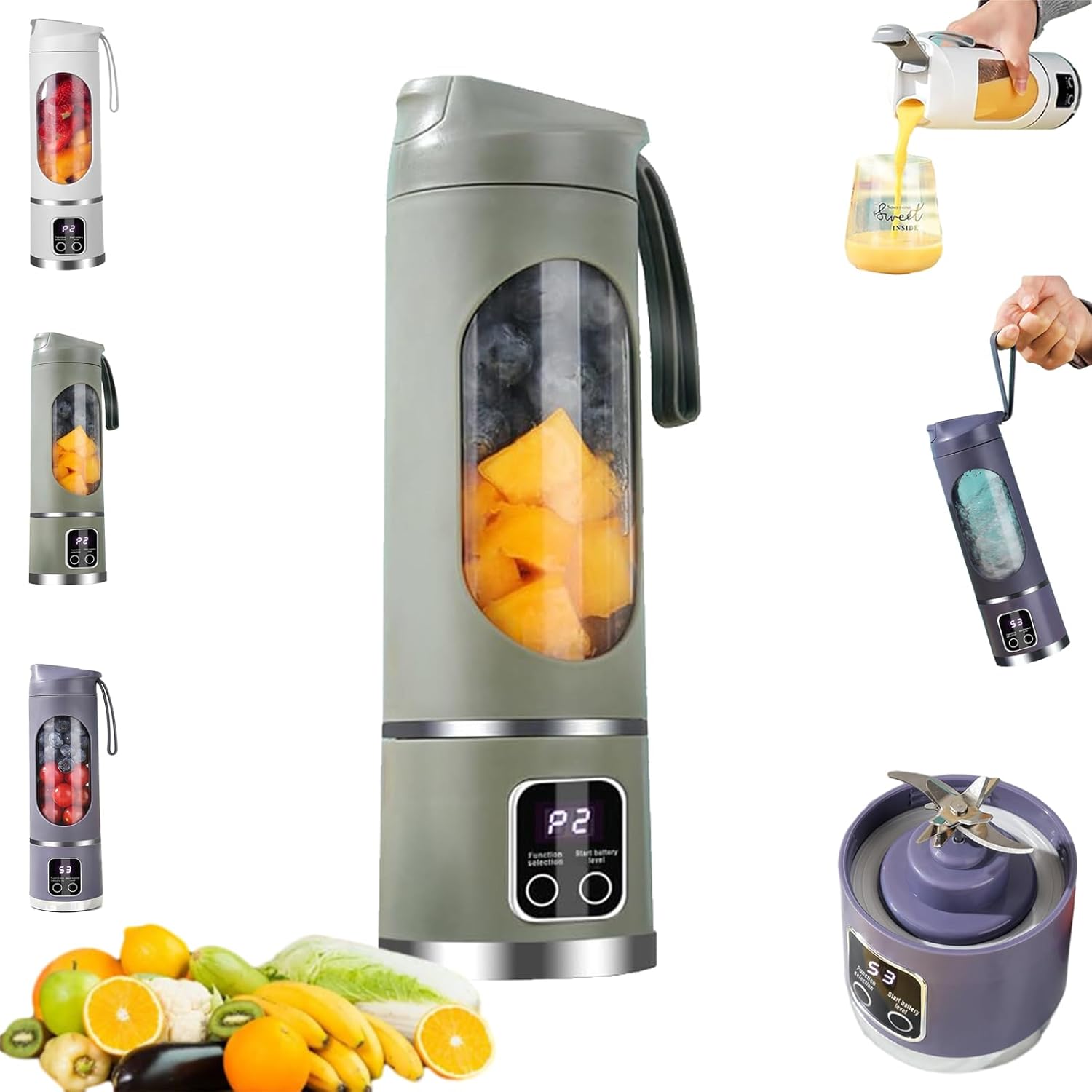 Digital Multimode Juicer Blender, Portable Blender Personal Electric,500ml Portable Juicer For Shakes And Smoothies, Best For Home & Travel (2PCS White Army Green)