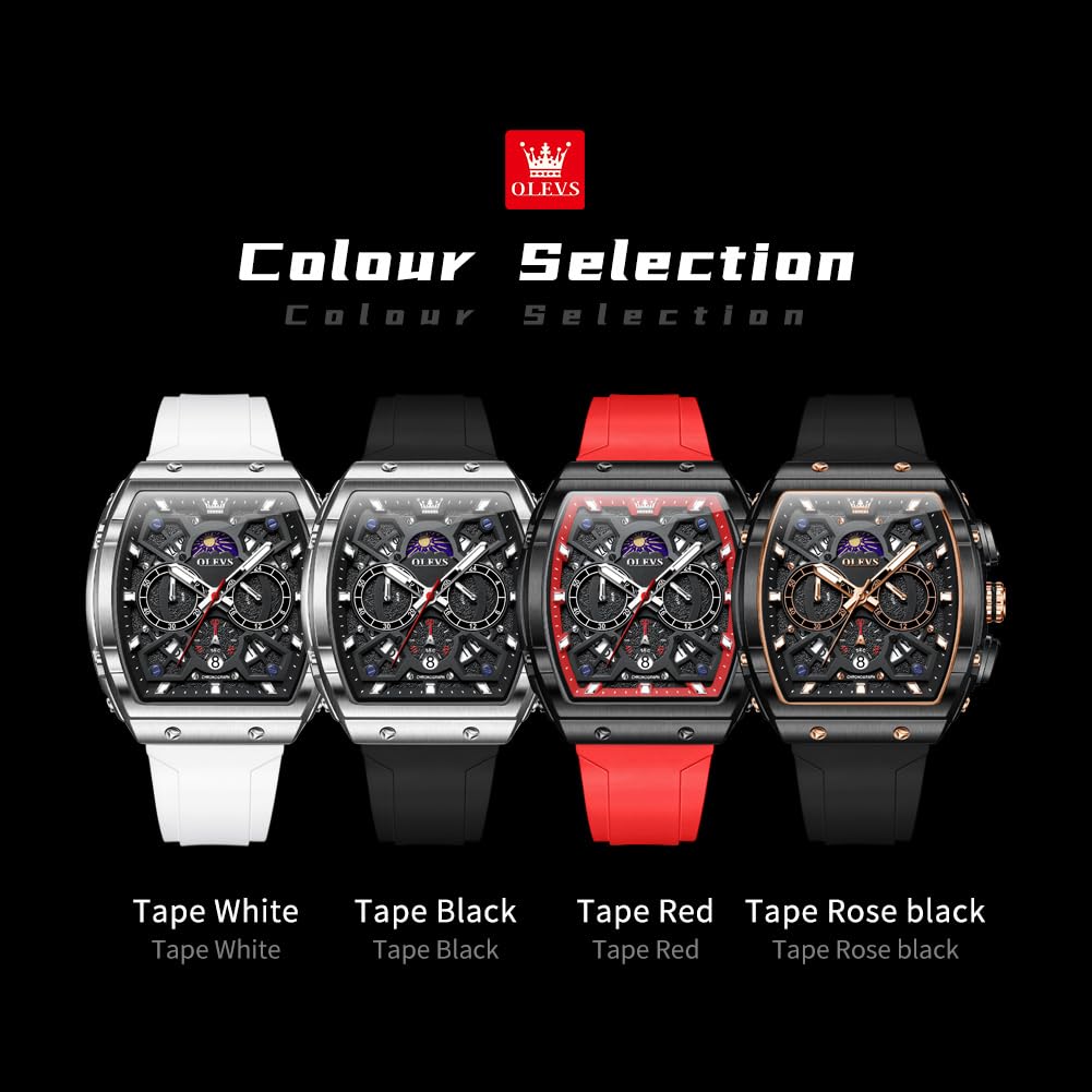 OLEVS Watches Men Chronograph Waterproof Rectangle Face Moon Phase Watches for Men Luminous Quartz Calendar Mens Wrist Watch - Silicon Strap