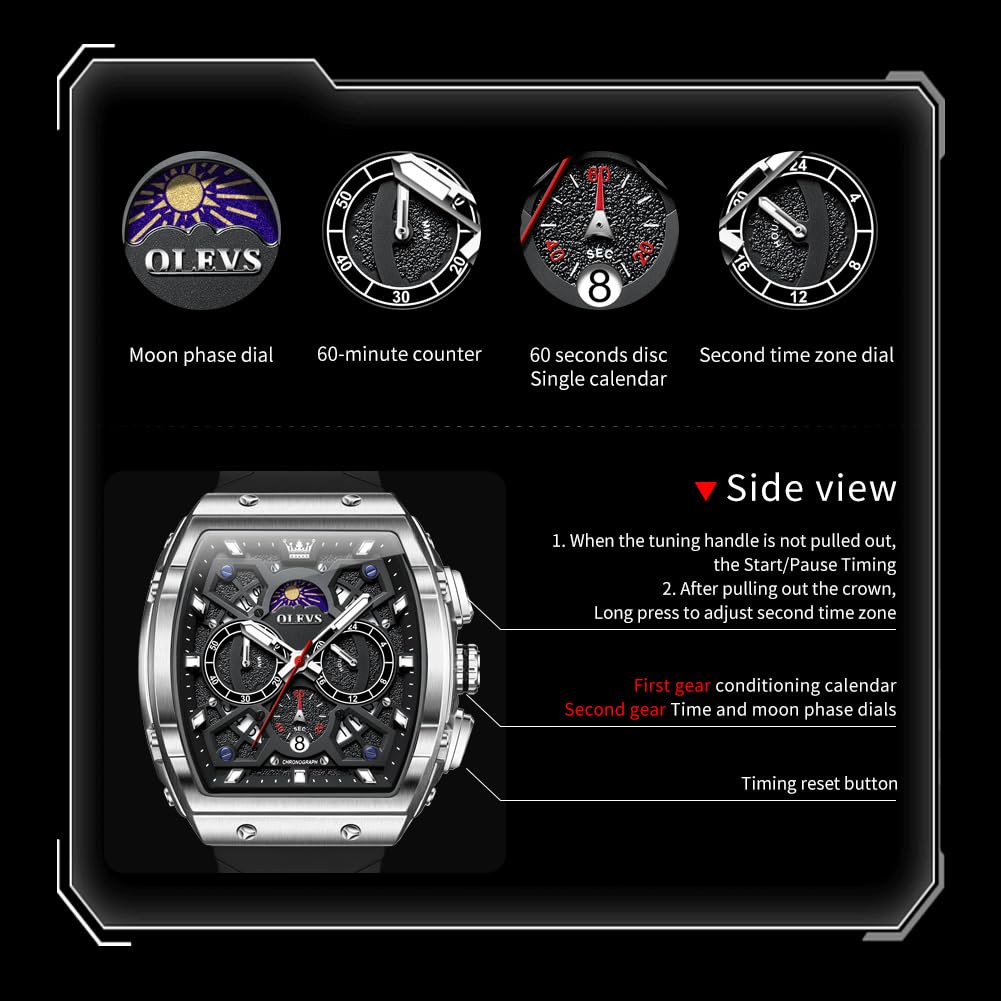 OLEVS Watches Men Chronograph Waterproof Rectangle Face Moon Phase Watches for Men Luminous Quartz Calendar Mens Wrist Watch - Silicon Strap