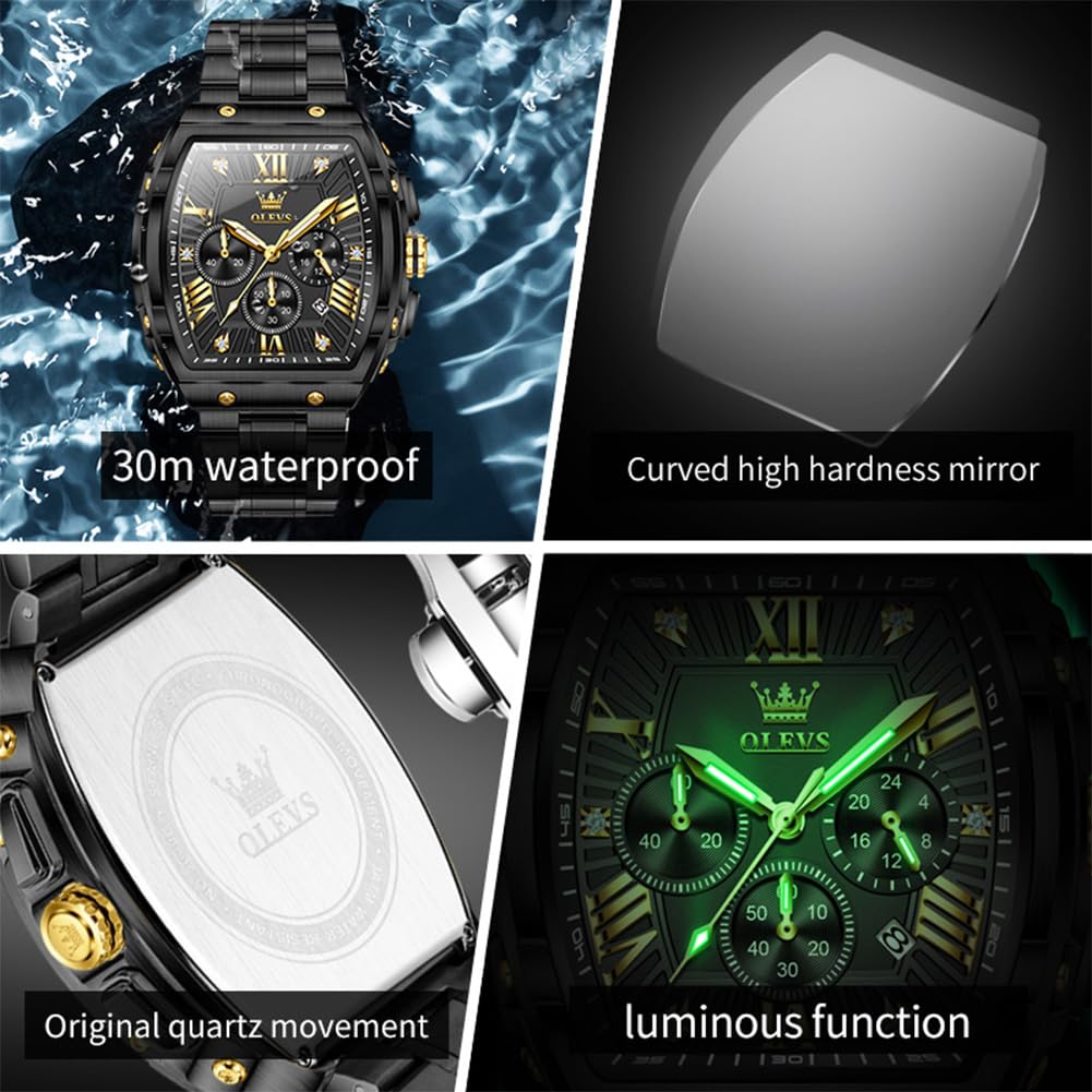 OLEVS Watches Men Chronograph Waterproof Rectangle Face Moon Phase Stainless Steel Strap Dress Watches for Men Luminous Quartz Calendar Mens Wrist Watch