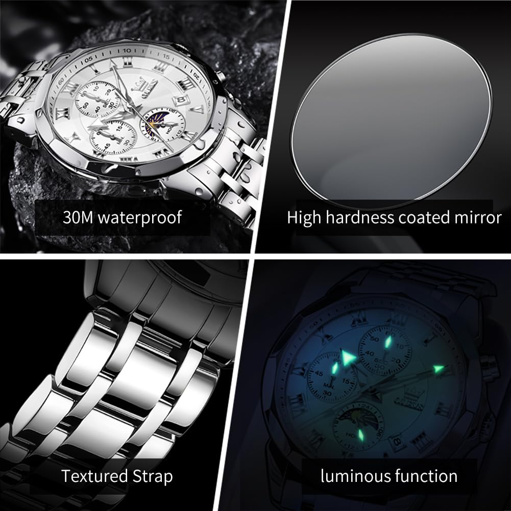 OLEVS Watches Men Luxury Chronograph Moon Phase Waterproof Luminous Watches for Men Analog Quartz Calendar Stainless Steel Strap Wrist Watches-(Black/Blue/Gold/Grey/Silver Face)
