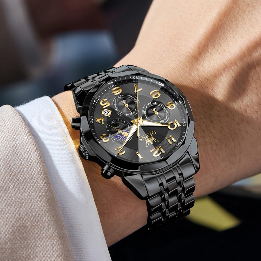 OLEVS Watches Men Luxury Chronograph Moon Phase Waterproof Luminous Watches for Men Analog Quartz Calendar Stainless Steel Strap Wrist Watches-(Black/Blue/Gold/Grey/Silver Face)