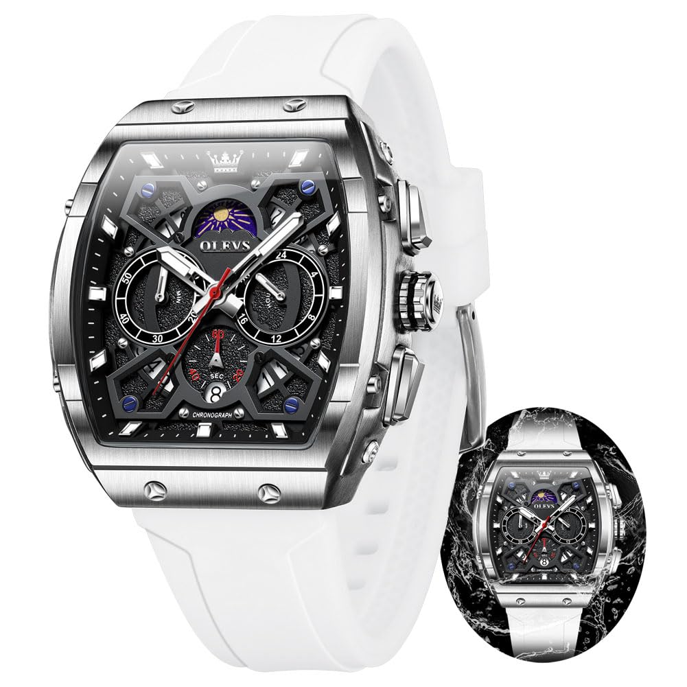 OLEVS Watches Men Chronograph Waterproof Rectangle Face Moon Phase Watches for Men Luminous Quartz Calendar Mens Wrist Watch - Silicon Strap