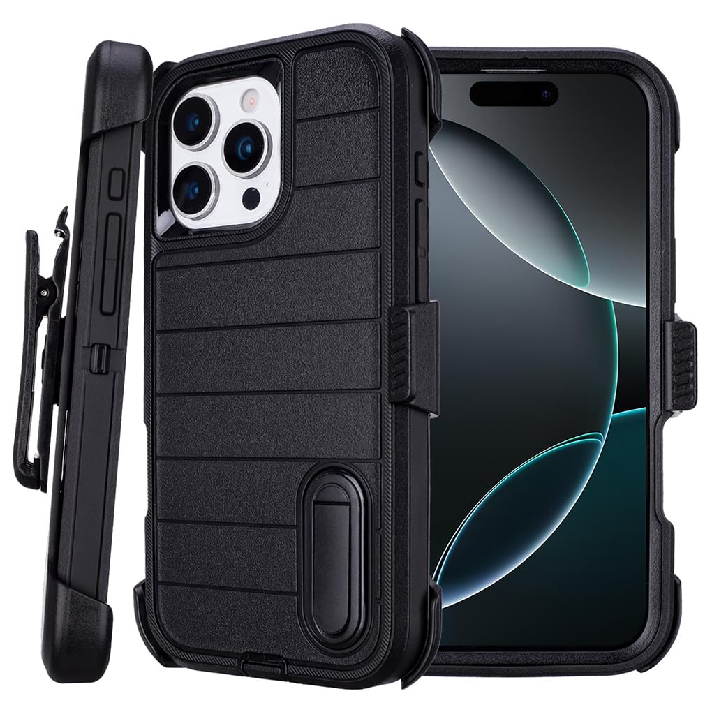 for Phone Case iPhone 16 Pro Case Black with Belt Clip Heavy Duty Holster for Shockproof Cases,3 Layers of Sturdy,Military Grade Defender Cover for iPhone 16 Pro Cases Black 6.3 Inch
