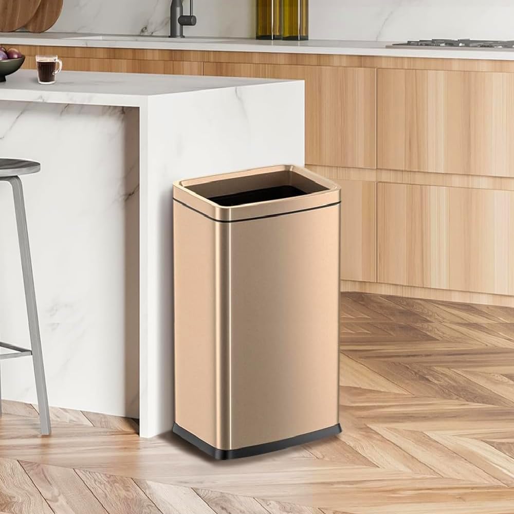 25L/6 Gallon Stainless Steel Square Trash Can, Large Kitchen Garbage Can, Office Commercial Trash Bin Champagne Gold Garbage Can, Large Open Top Waste Basket (25Lgold)