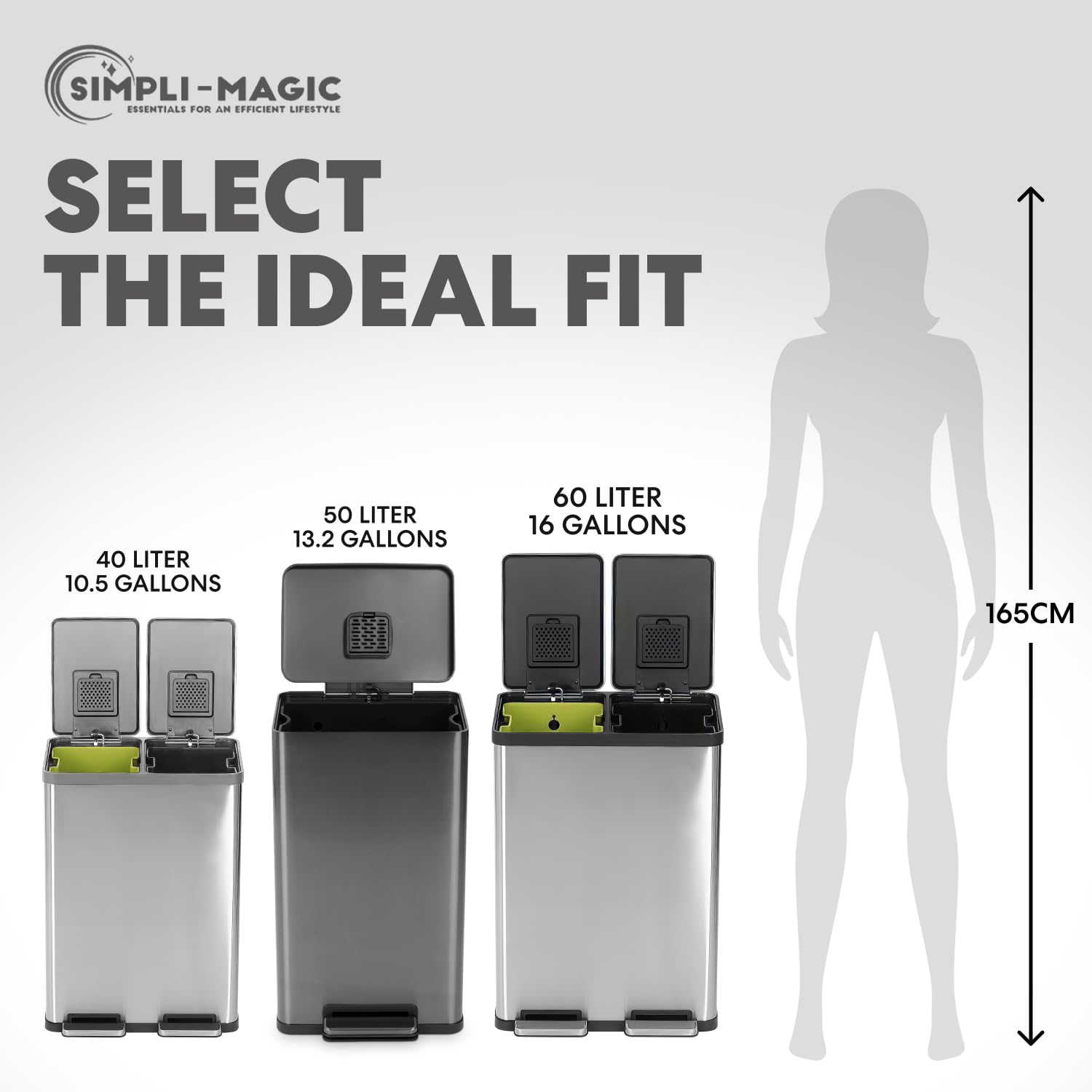 SIMPLI-MAGIC 13.2 Gallon (50L) Step Trash Can – Kitchen Garbage Can with Slow-Close Lid – Odor Control, Hands-Free, Easy to Clean, Brushed Stainless Steel