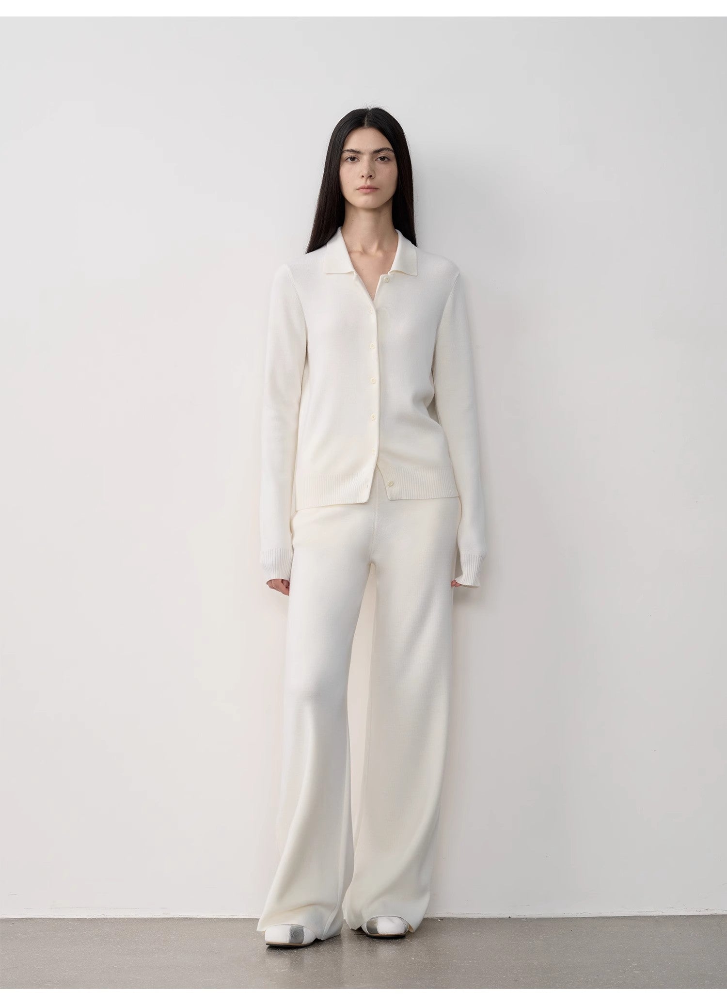 "Lazy urban" Yangtze Merino wool polo-neck cardigan straight-leg knitted pants suit-9