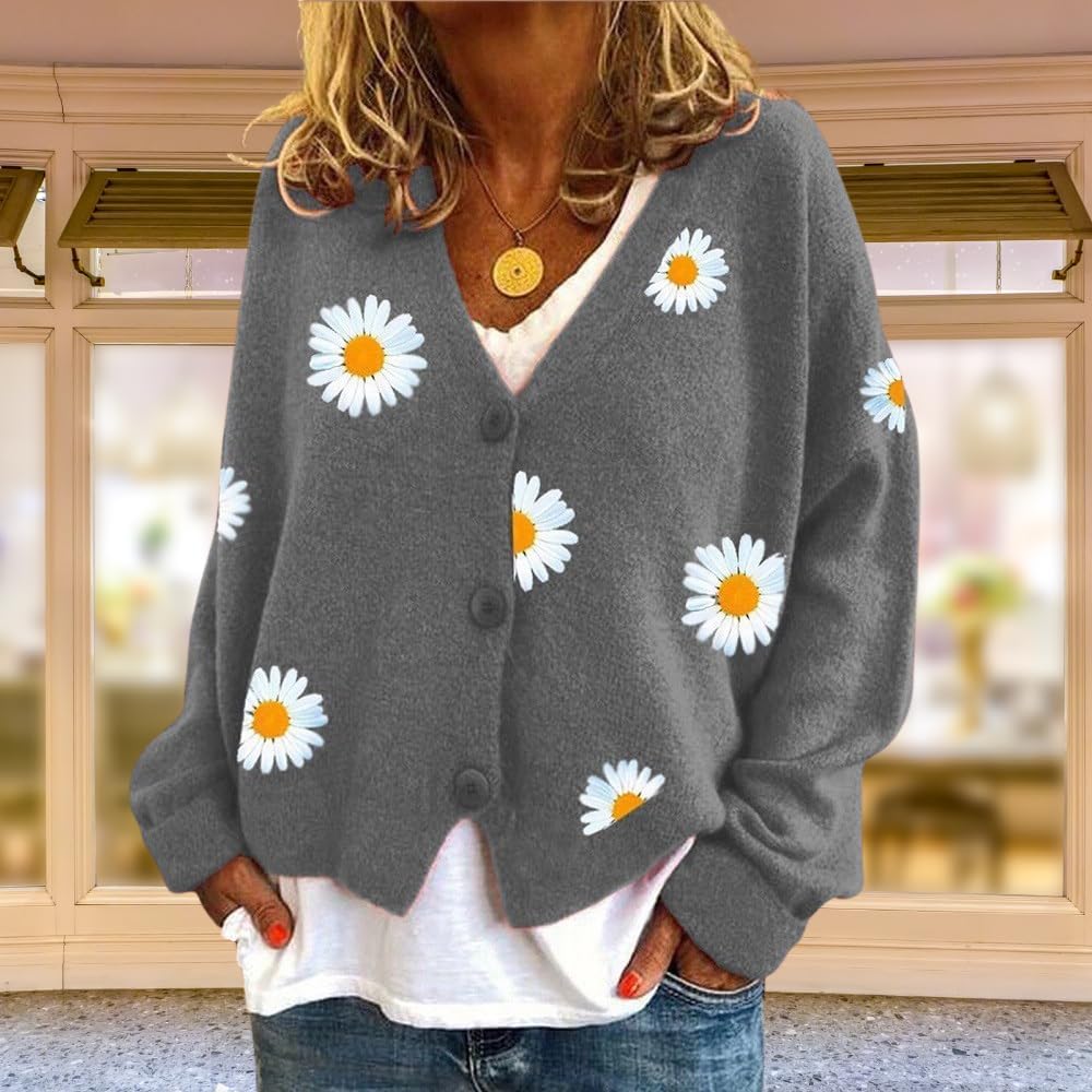 ZOCAVIA Women's Floral Knit Sweaters Cardigan Fall Winter Button Down Open Front Casual Flower Embroidered Cropped Sweaters