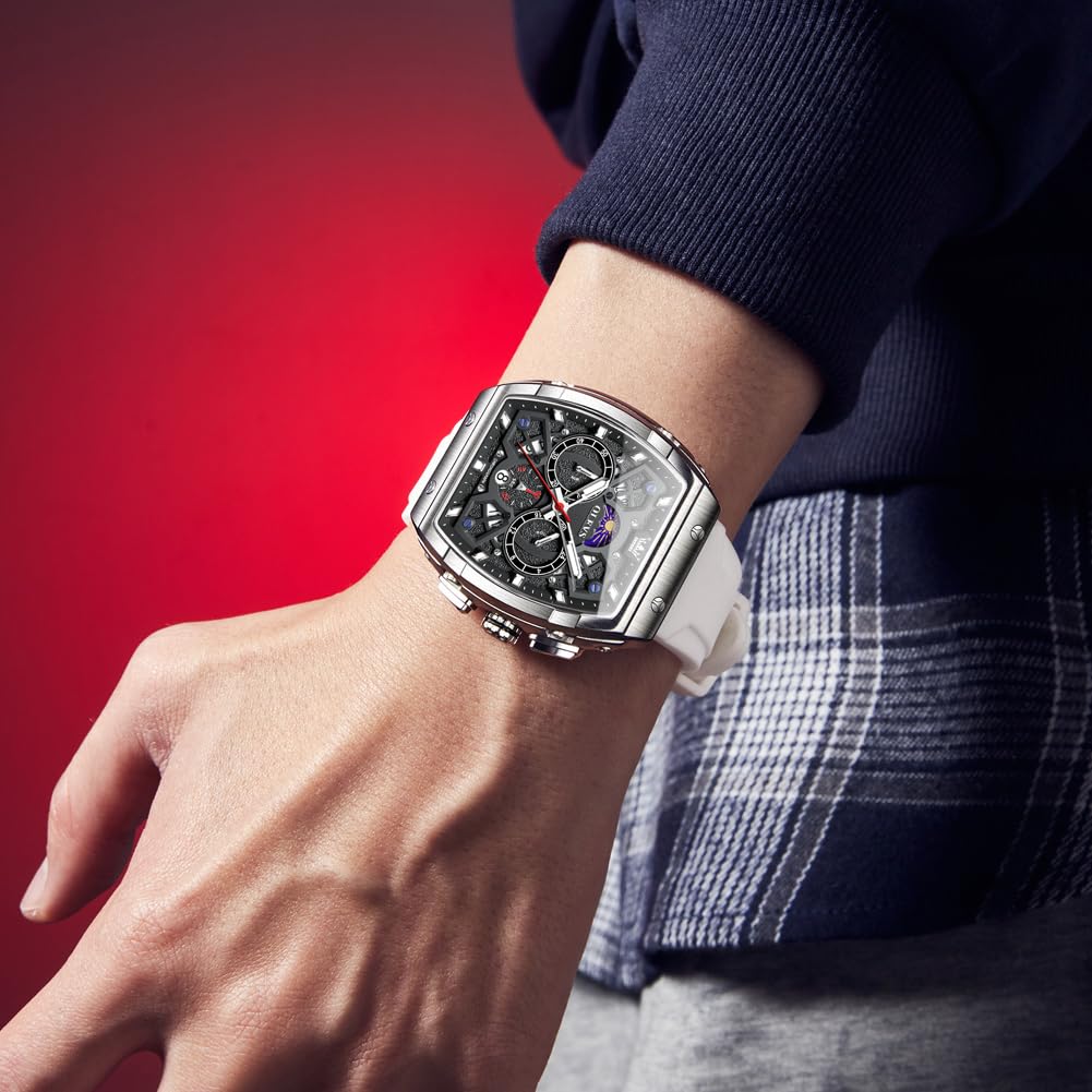 OLEVS Watches Men Chronograph Waterproof Rectangle Face Moon Phase Watches for Men Luminous Quartz Calendar Mens Wrist Watch - Silicon Strap