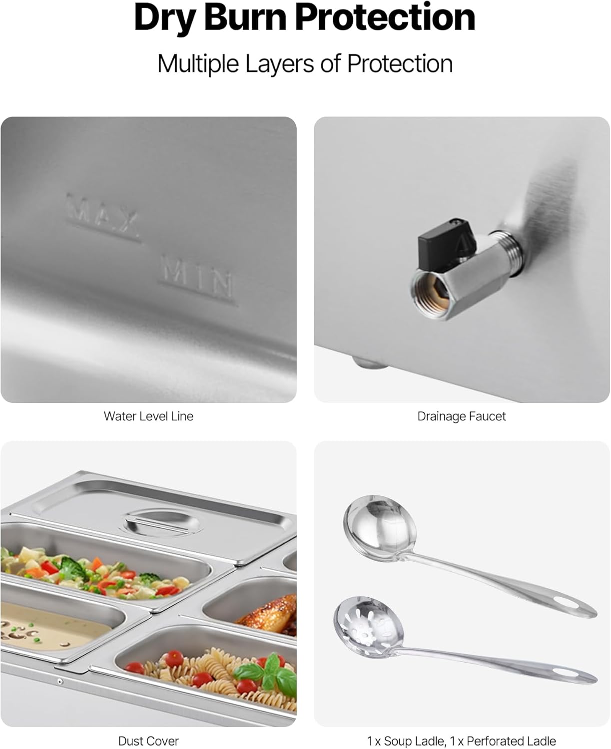 VEVOR Commercial Food Warmer, 1500W Electric Stainless Steel Steam Food Warmer with Lid, 6-Pan Fast Heating Countertop Buffet Bain Marie with Soup & Perforated Ladles, for Catering, Restaurant, Party