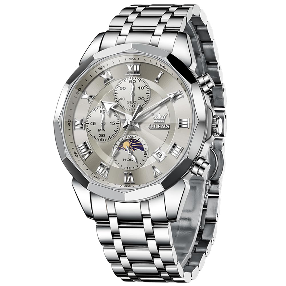 OLEVS Watches Men Luxury Chronograph Moon Phase Waterproof Luminous Watches for Men Analog Quartz Calendar Stainless Steel Strap Wrist Watches-(Black/Blue/Gold/Grey/Silver Face)