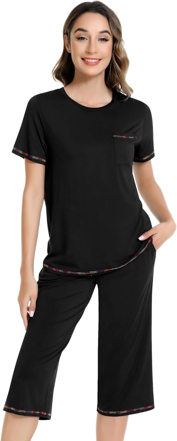 NACHILA Women’s Pajamas-Viscose Made from Bamboo, Short Sleeve Pjs Top with Capri Pajama Sets for Women Cool V Neck Sleepwear