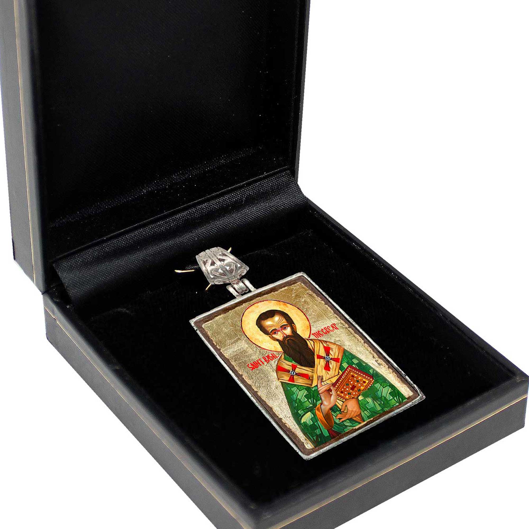 Saint Basil Religious Jewelry Silver Plated Necklace, Gold-Plated Wooden Cabochon - Christian Sacred Icon - Inspirational Icon Decor - 43053R