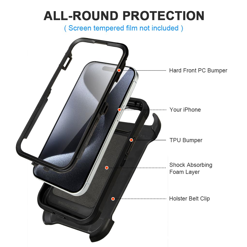 for Black iPhone 16 Pro Case with Belt Clip, for Shockproof iPhone 16 Pro Case Heavy Duty,3 Layers of Sturdy,Anti-Drop,Military-Grade Defender Cover for iPhone 16Pro Case Black