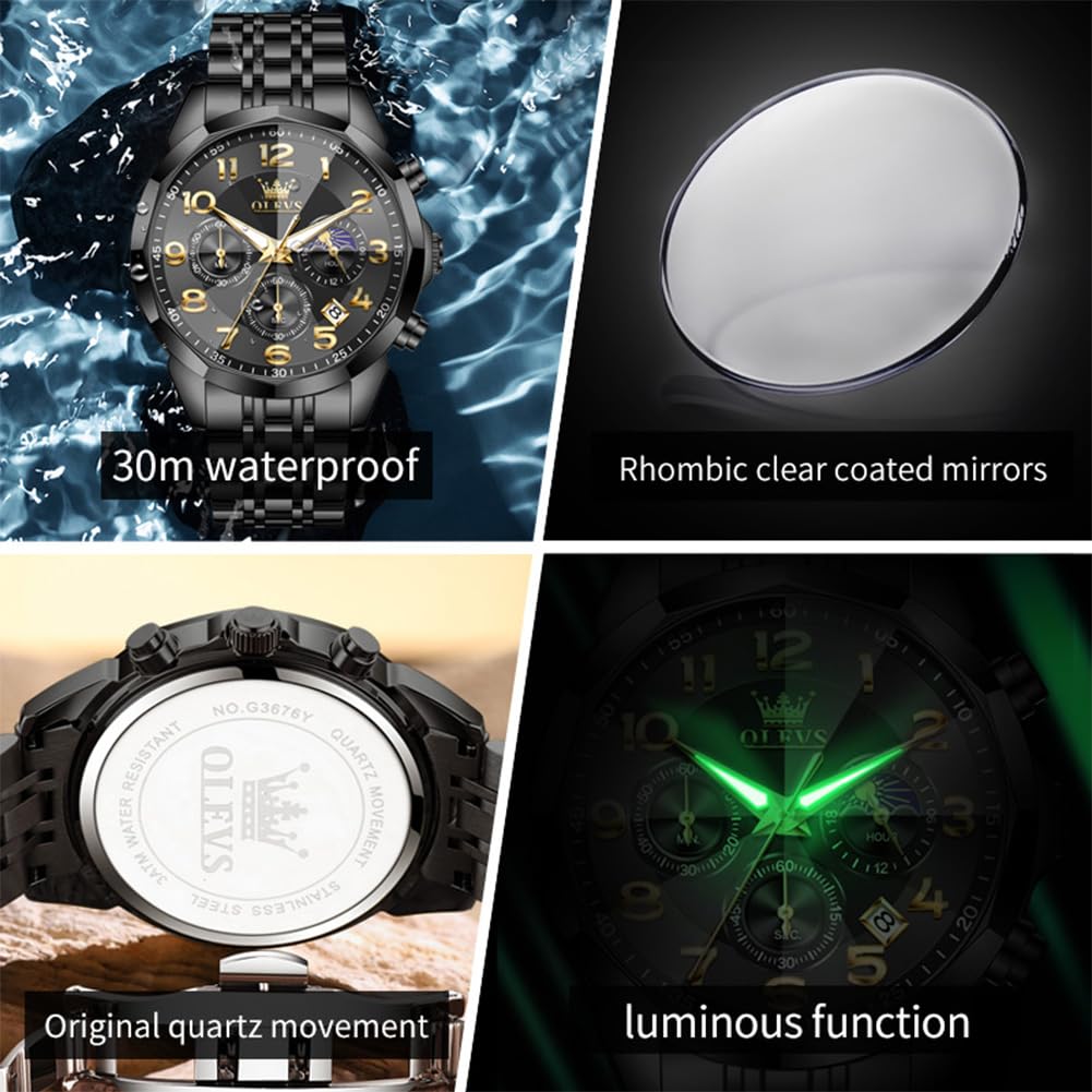 OLEVS Watches Men Luxury Chronograph Moon Phase Waterproof Luminous Watches for Men Analog Quartz Calendar Stainless Steel Strap Wrist Watches-(Black/Blue/Gold/Grey/Silver Face)