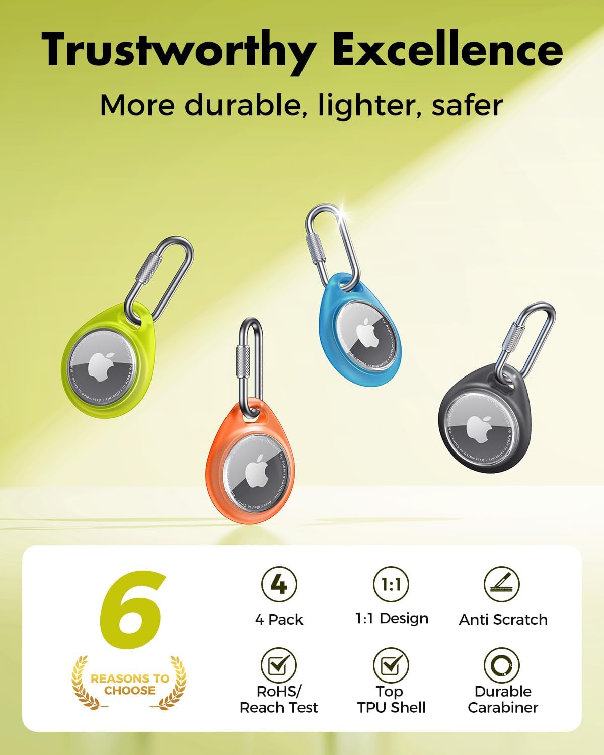 UNBREAKcable AirTag Holder for Apple - 4 Pack Air Tag Case [Professional Carabiner] [Waterproof] [Shockproof] TPU AirTag Keychain for Kids, Pets, Keys, Luggage, Backpacks