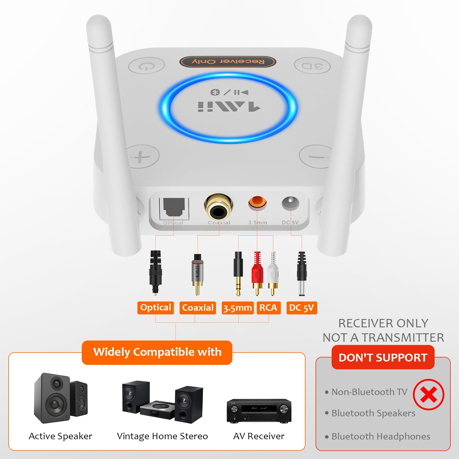 [Upgraded] 1Mii B06Pro Long Range Bluetooth Receiver, HiFi Wireless Audio Adapter, Bluetooth 5.1 Receiver with 3D Surround aptX HD Low Latency Optical RCA AUX 3.5mm Coaxial for Home Stereo System