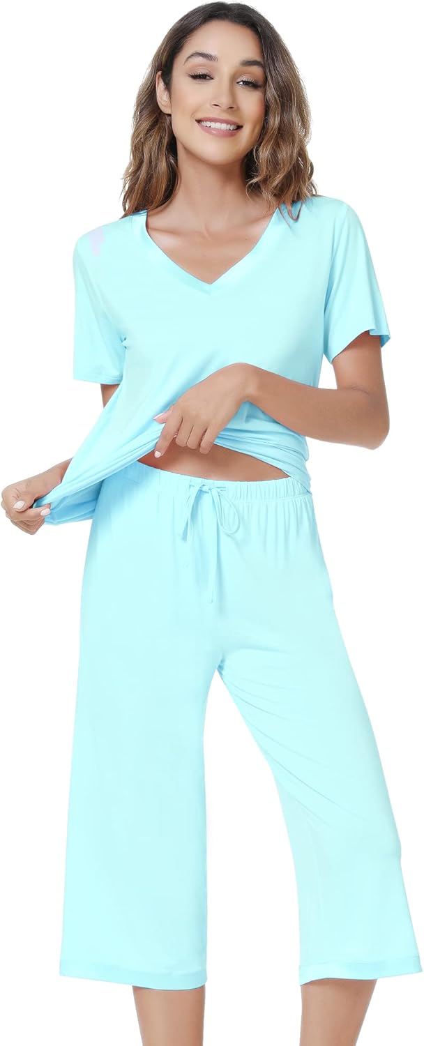 NACHILA Women’s Pajamas-Viscose Made from Bamboo, Short Sleeve Pjs Top with Capri Pajama Sets for Women Cool V Neck Sleepwear