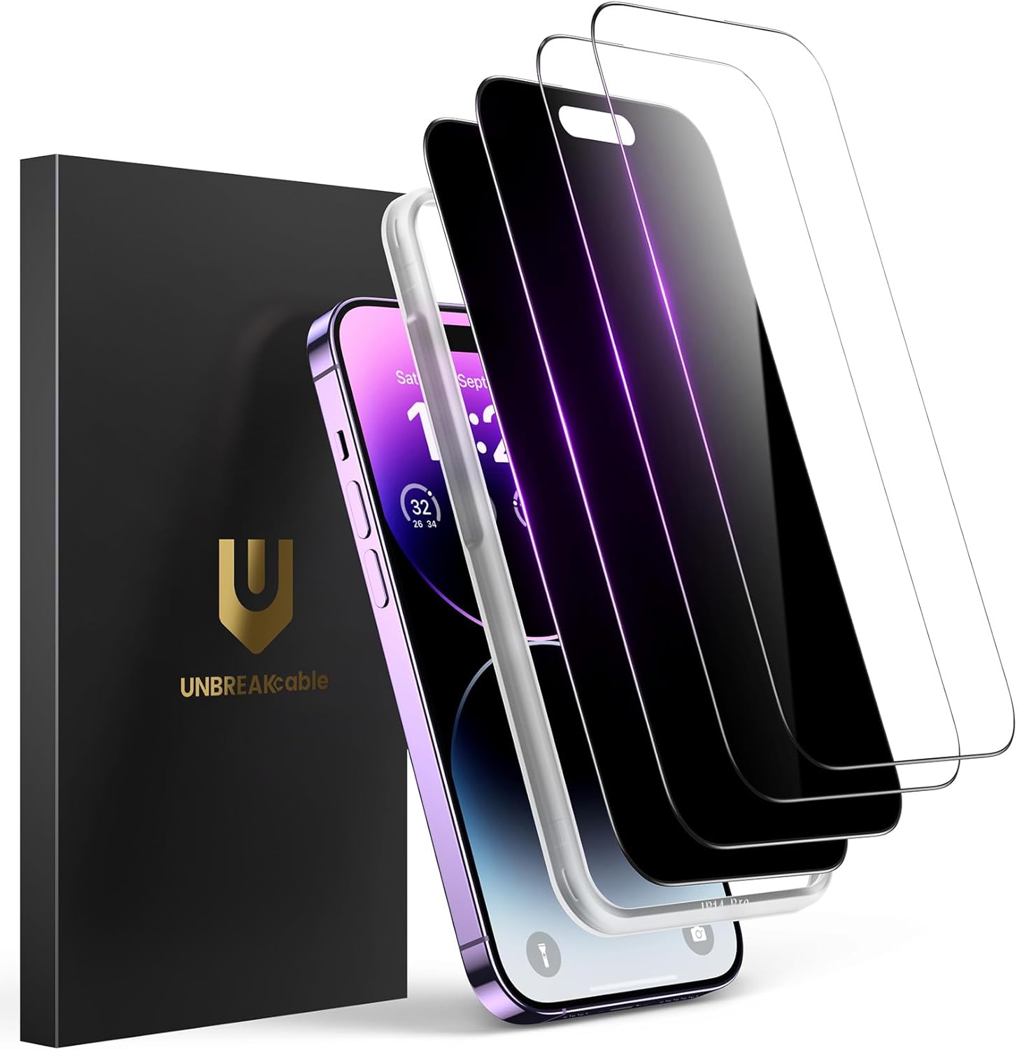 UNBREAKcable 4PCS Screen Protector for iPhone 15-2 Privacy Tempered Glass+2 Clear Glass Double Shatterproof [Easy Installation Frame] [9H Hardness] [Case Friendly] Anti-Scratch for iPhone 6.1 inch