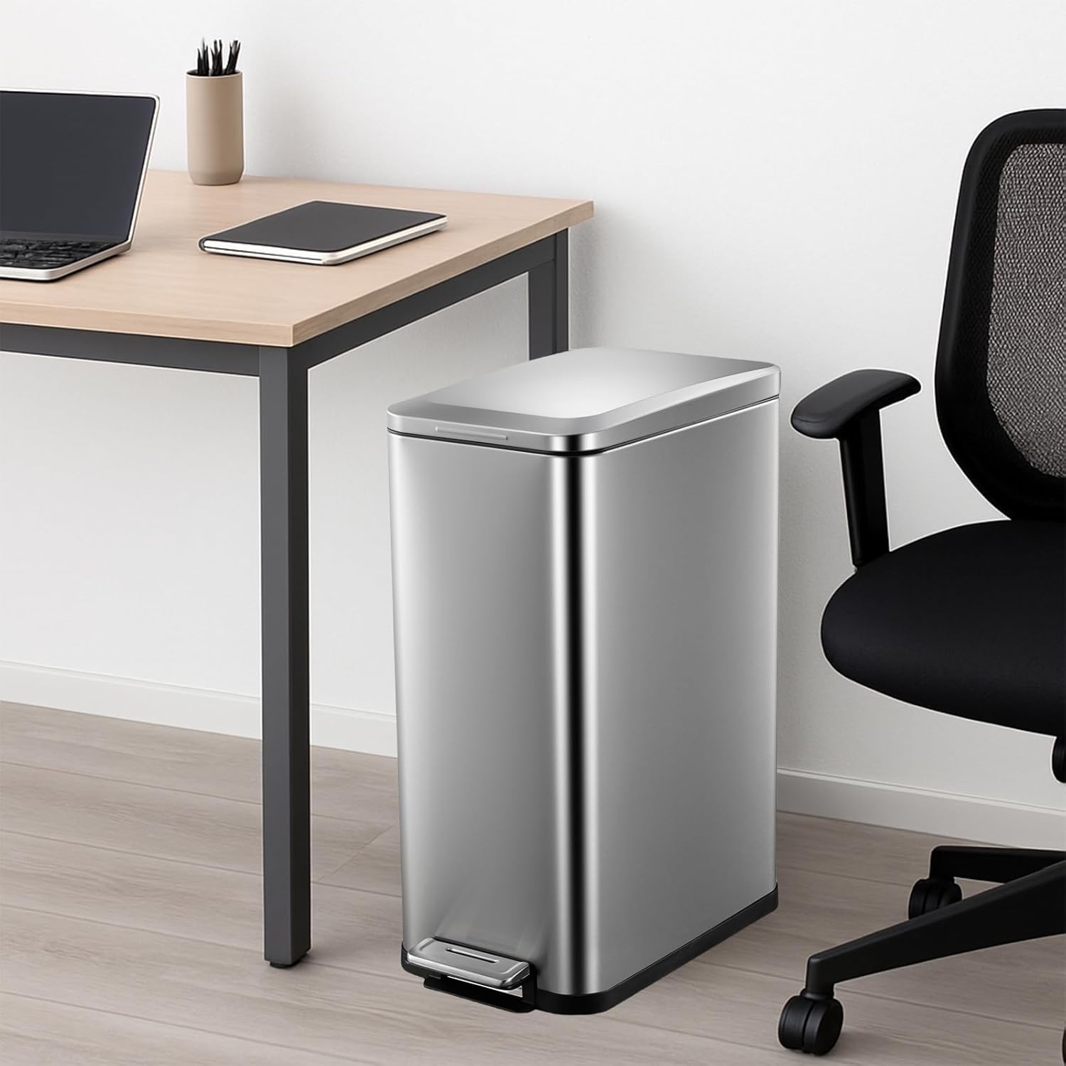 Garvee 13 gal Kitchen Trash Can, Stainless Steel Step Garbage Bin with Soft-Close Lid & Removable Bucket, Fingerprint Proof, Slim for Narrow Spaces, Bathroom or Office