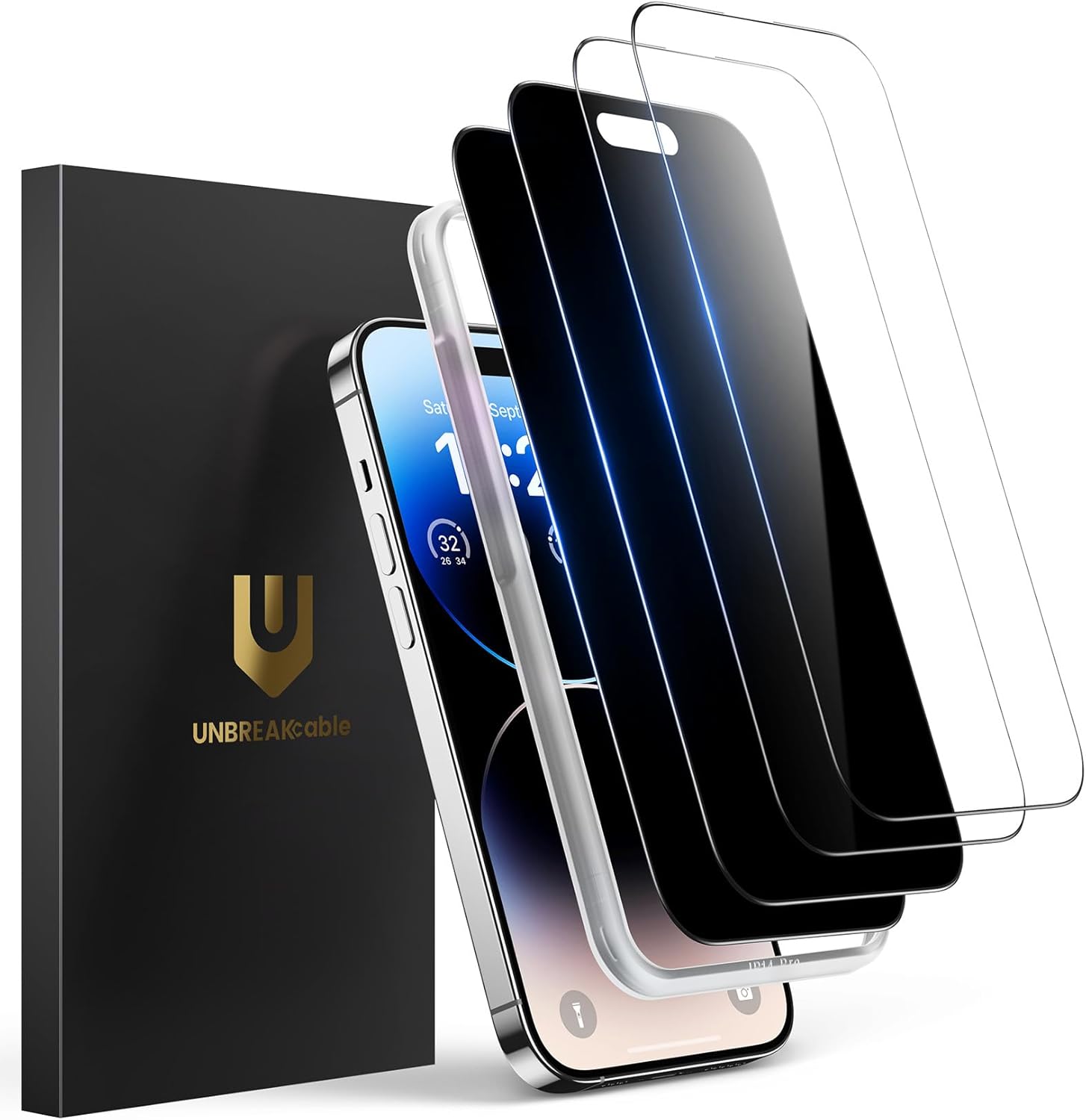 UNBREAKcable 4PCS Screen Protector for iPhone 15-2 Privacy Tempered Glass+2 Clear Glass Double Shatterproof [Easy Installation Frame] [9H Hardness] [Case Friendly] Anti-Scratch for iPhone 6.1 inch