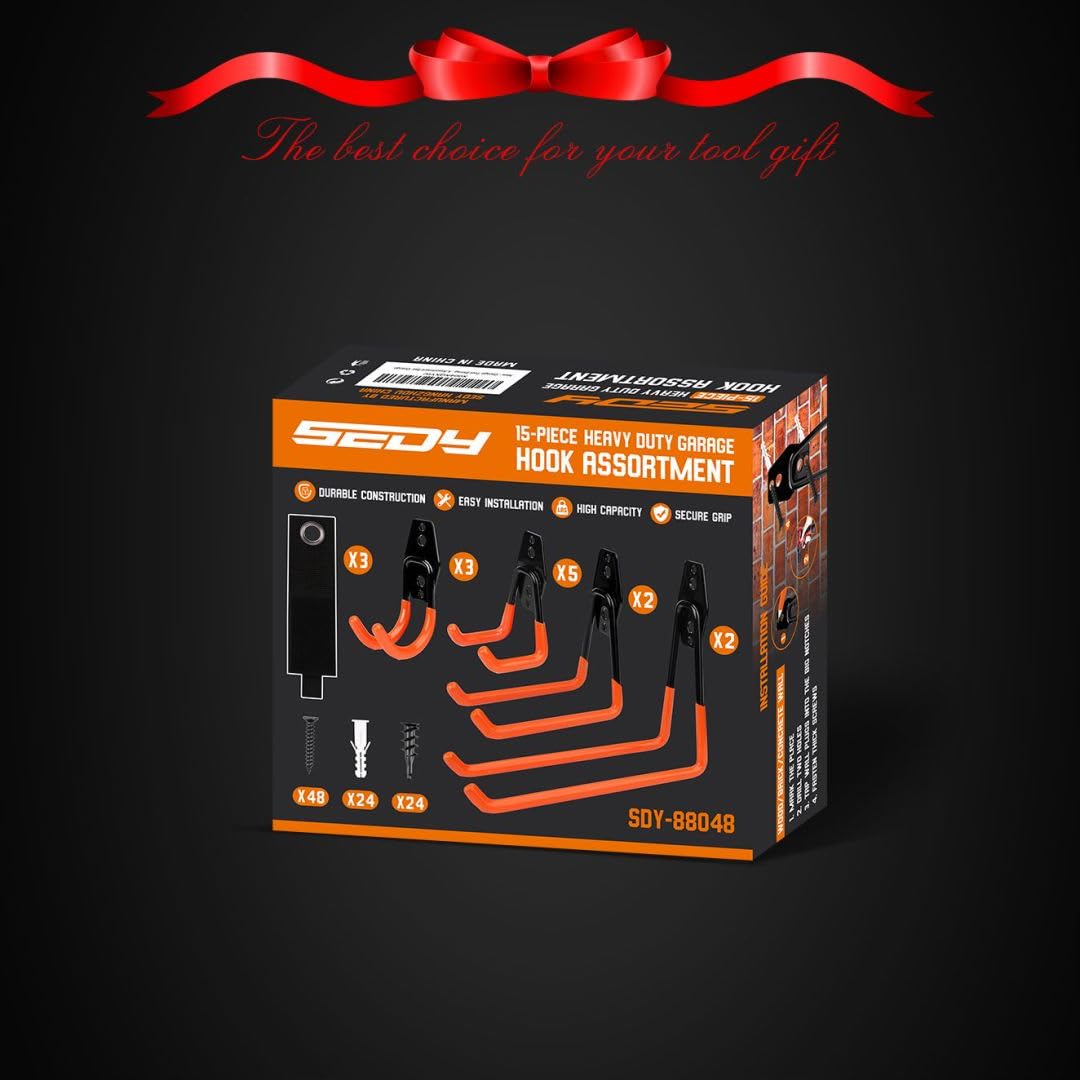 Garage Tool Storage Wall Hook Assortment Set: 15PCS Heavy Duty Large Hanger Garden Tool Organizer Ladder Bike Rack Yard Tool Holder Shed Shovel Metal Screw Organization Bicycle Steel Bracket