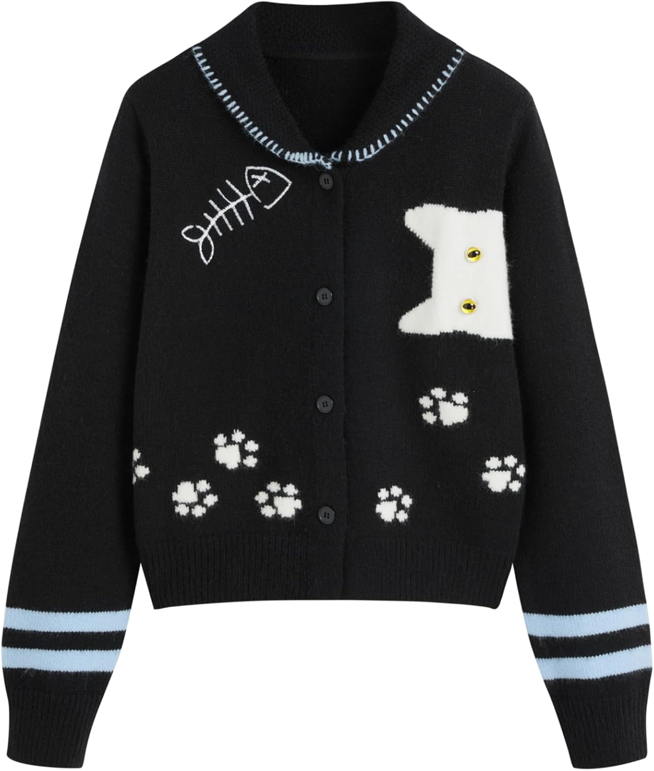 CIDER Cardigan Sweater for Women Knitted Long Sleeve Collared Cat Cute Pattern Button Down Crop Tops