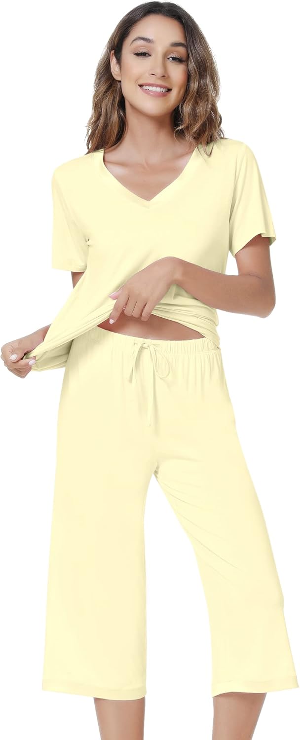 NACHILA Women’s Pajamas-Viscose Made from Bamboo, Short Sleeve Pjs Top with Capri Pajama Sets for Women Cool V Neck Sleepwear