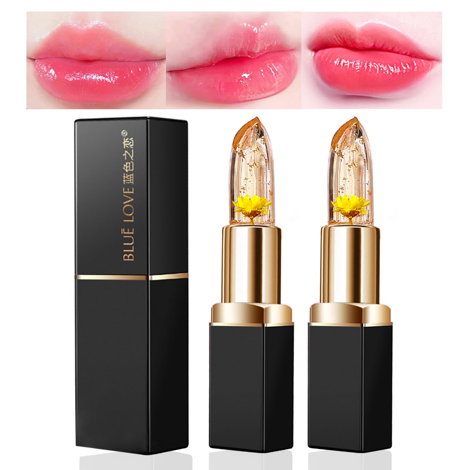 BLUE LOVE Color Changing Flower Lipstick - Hydrating Jelly Lip Balm with Flower, Long-Lasting Moisturizer & Nourishing Lip Gloss (Blue&Gold, 2 Count (Pack of 1))