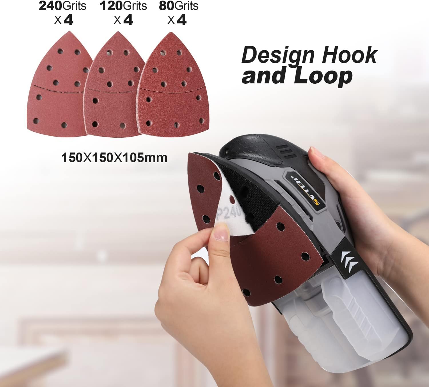 JELLAS Electric Detail Sander, 220W Compact Sander Machine for Wood, 13,000 RPM Sanders with Dust Collection, 16PCS Sandpapers, Finger Sanding Attachment and Sanding Pad Included, MS220T