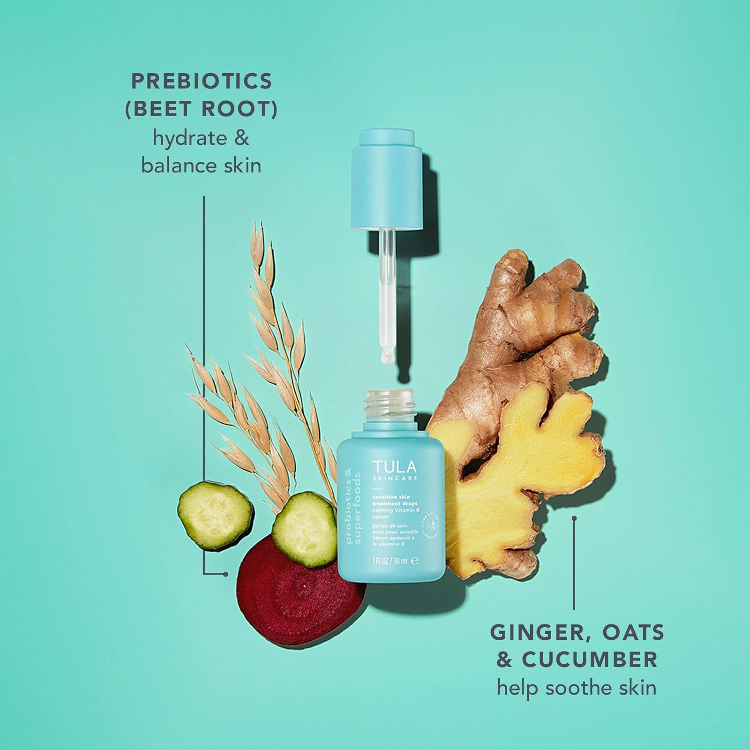 TULA Skin Care Sensitive Skin Treatment Drops - Vitamin B Serum, Calms Irritation and Smoothes Skin, Contains Ginger, Aloe, Oats, Cucumber, & Probiotics, 1 fl oz.