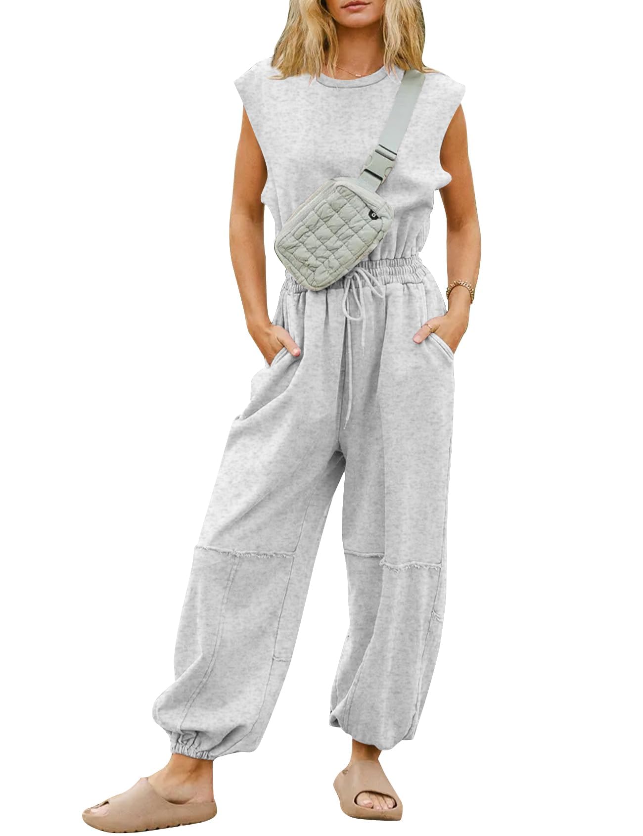 Flygo Womens Casual Jumpsuit Crewneck Cap Sleeve Long Wide Leg Pants One Piece Outfits Drawstring Romper with Pockets(LightGrey-M)