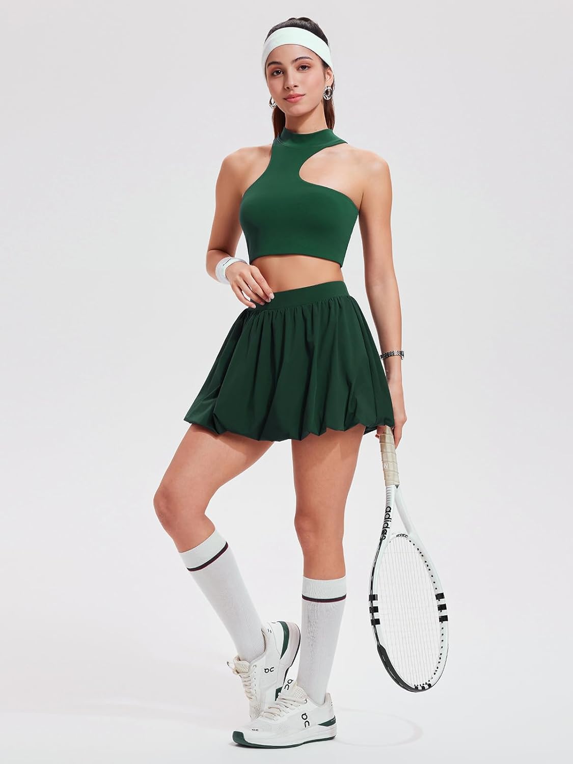 Airfree 2 Piece Sets for Women Tennis Skirt Set Mock Neck Sports Bra Irregular Crop Tank Bubble Skirt Outfits Set