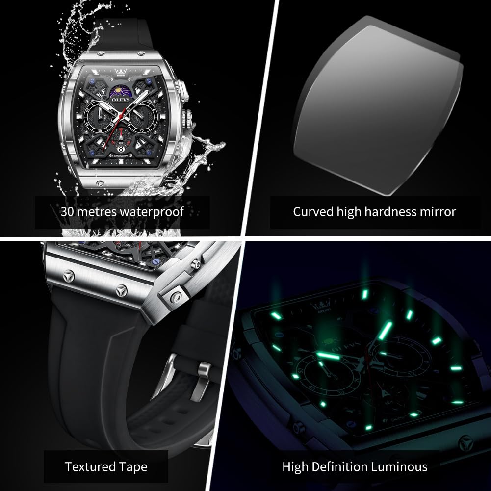 OLEVS Watches Men Chronograph Waterproof Rectangle Face Moon Phase Watches for Men Luminous Quartz Calendar Mens Wrist Watch - Silicon Strap
