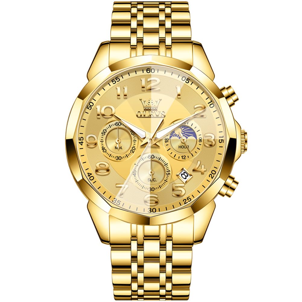 OLEVS Watches Men Luxury Chronograph Moon Phase Waterproof Luminous Watches for Men Analog Quartz Calendar Stainless Steel Strap Wrist Watches-(Black/Blue/Gold/Grey/Silver Face)
