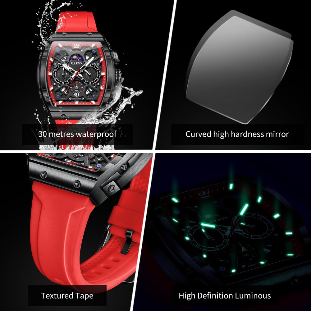 OLEVS Watches Men Chronograph Waterproof Rectangle Face Moon Phase Watches for Men Luminous Quartz Calendar Mens Wrist Watch - Silicon Strap