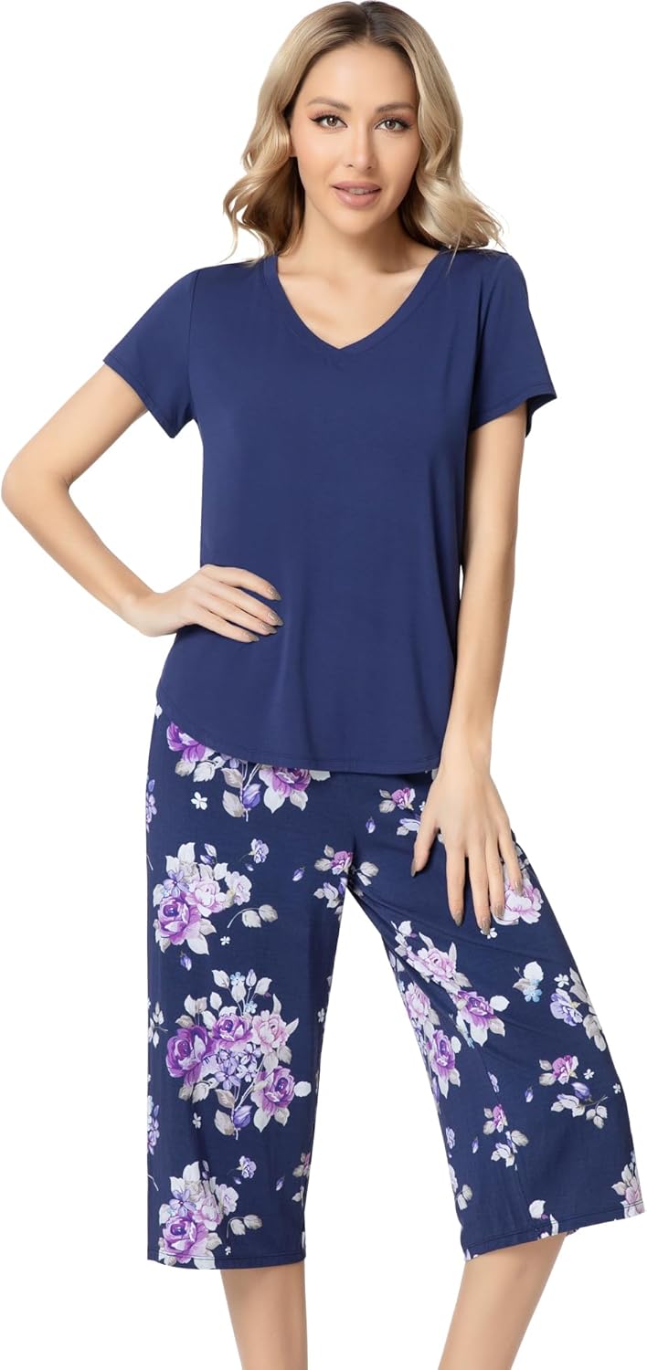 NACHILA Women’s Pajamas-Viscose Made from Bamboo, Short Sleeve Pjs Top with Capri Pajama Sets for Women Cool V Neck Sleepwear