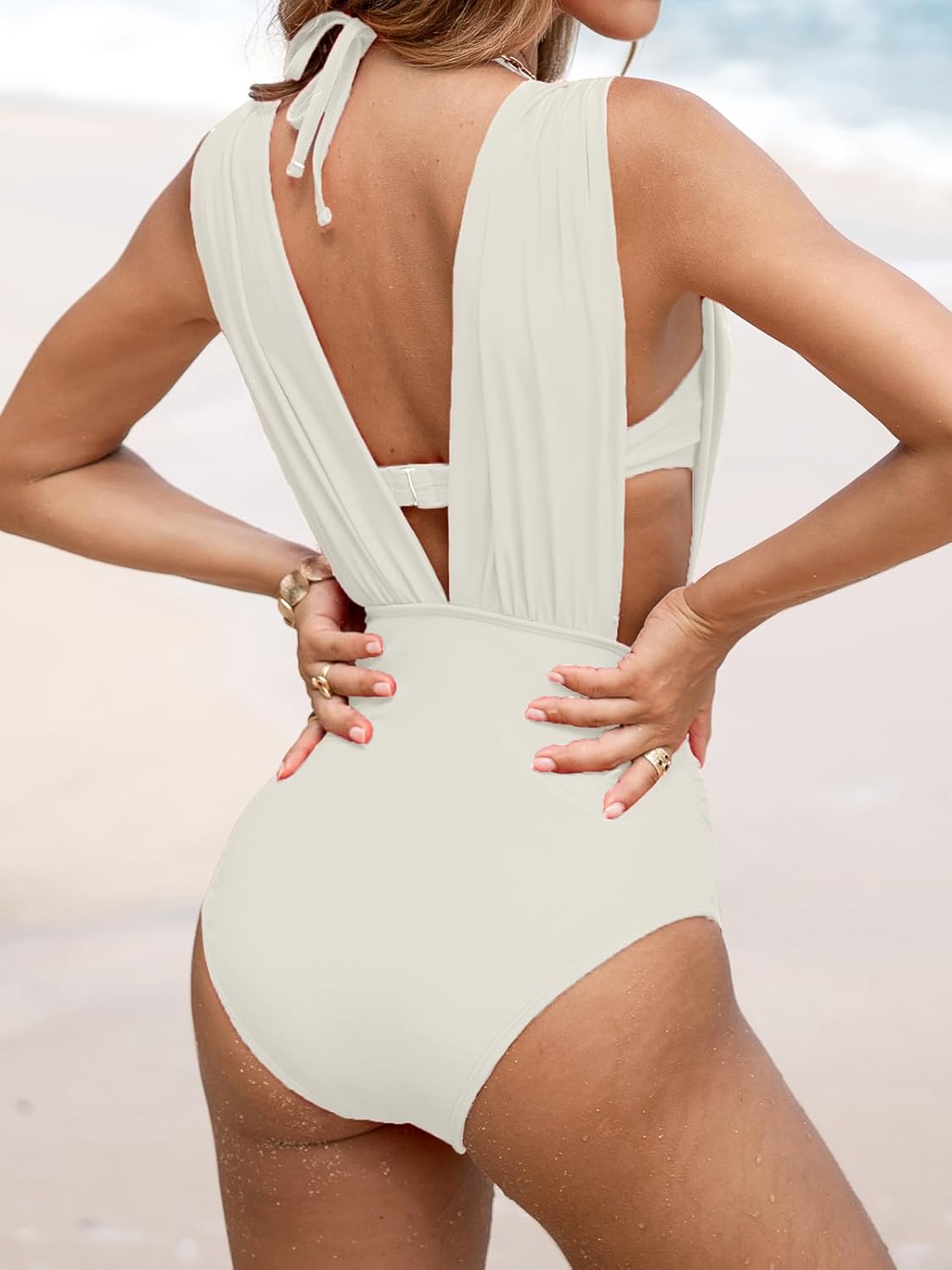 CUPSHE Women's One Piece Swimsuit Halter Plunging Neck Bathing Suit Wide Straps Underwire Ruched Back Hook