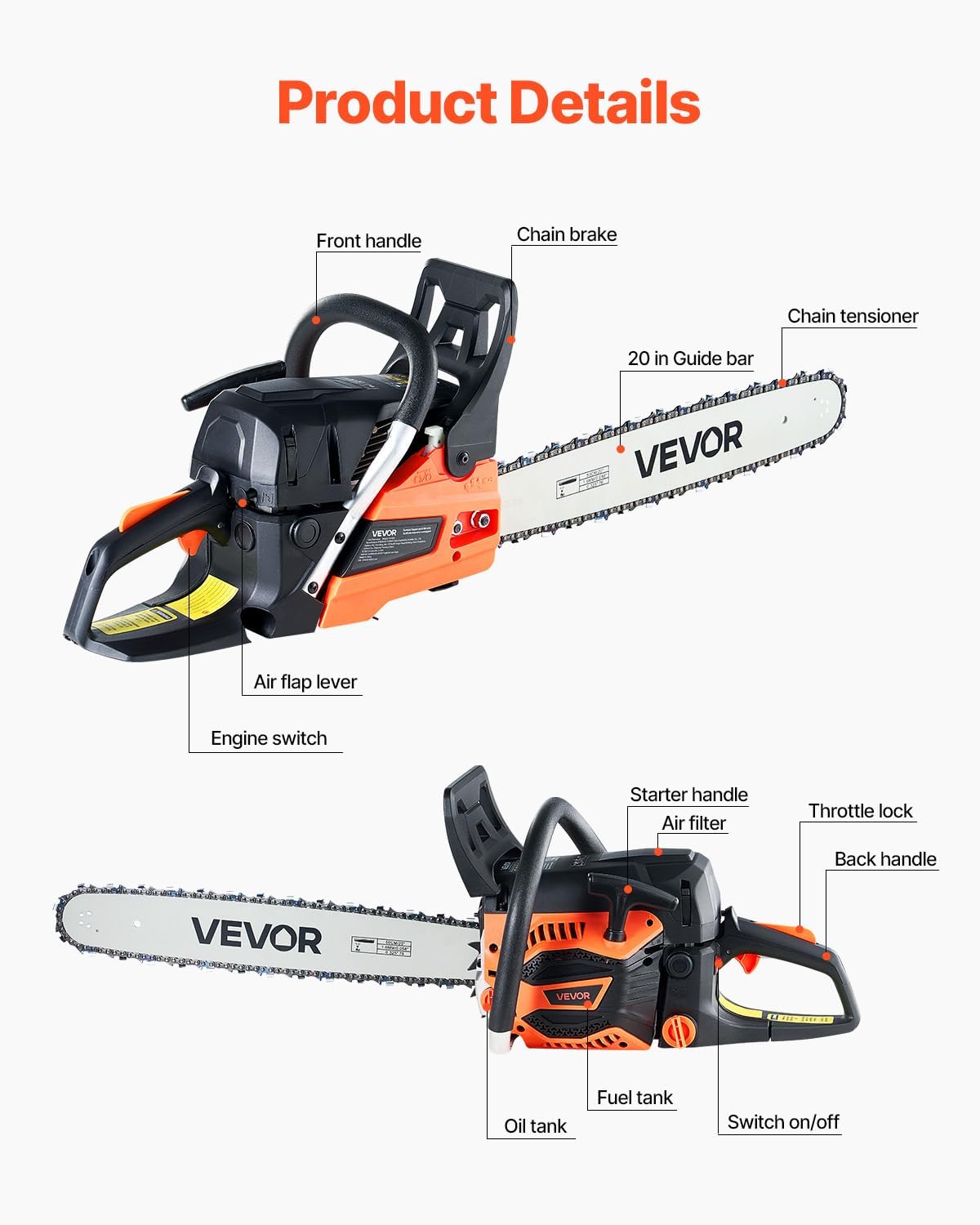 VEVOR 20inch 62CC Gas Powered Chainsaw, 3.8 HP 2 Stroke Engine Gas Power Chainsaws with Non-Slip Handle, Gas Chainsaws with Dual Fuel Tanks, For Wood Cutting, Tree Trimming, and Land Clearing