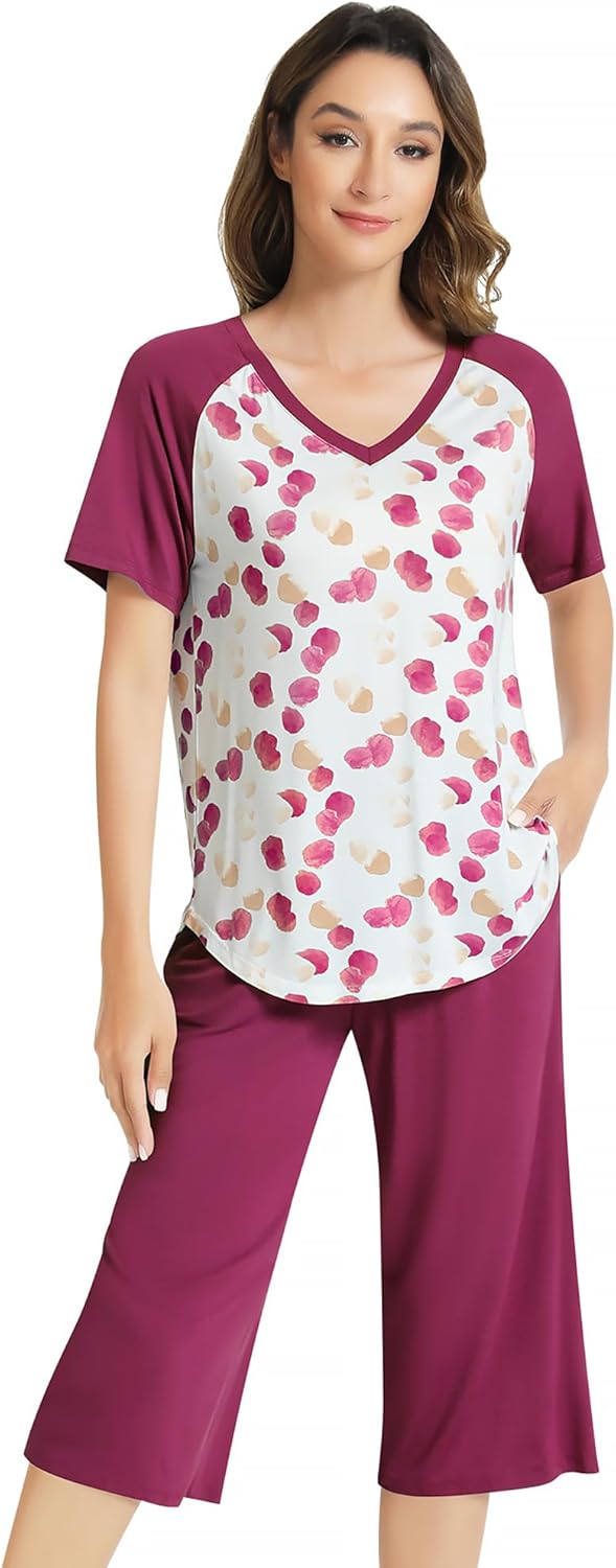 NACHILA Women’s Pajamas-Viscose Made from Bamboo, Short Sleeve Pjs Top with Capri Pajama Sets for Women Cool V Neck Sleepwear