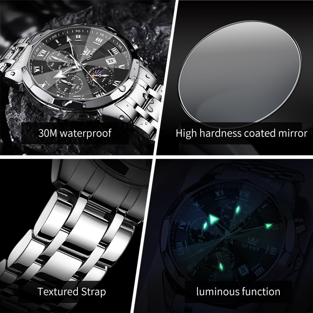 OLEVS Watches Men Luxury Chronograph Moon Phase Waterproof Luminous Watches for Men Analog Quartz Calendar Stainless Steel Strap Wrist Watches-(Black/Blue/Gold/Grey/Silver Face)