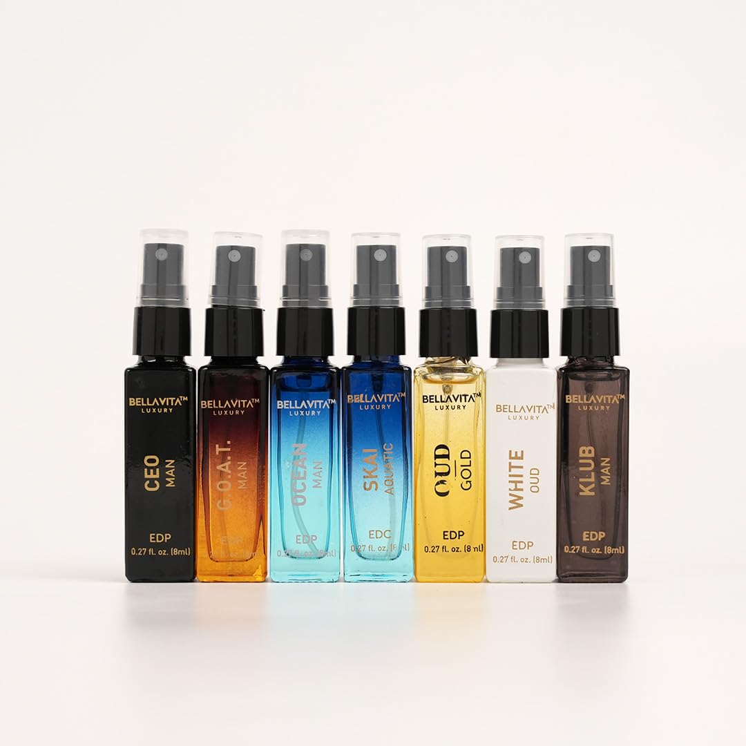 BellaVita Luxury Discovery Set Mens Perfumes (7x8ml) | Mini Perfume Gift Set for Men with Bergamot, OUD & Patchouli Oriented | Compact Long-Lasting Oud Colognes for Men | Cruelty Free Fragrance
