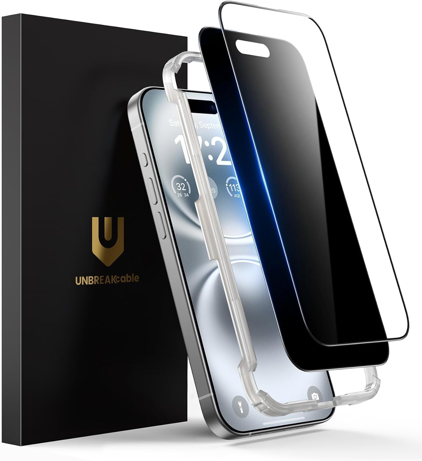 UNBREAKcable 2PCS Screen Protector for iPhone 16-1 Privacy Tempered Glass+1 Clear Glass Double Shatterproof [Easy Installation Frame] [9H Hardness] [Case Friendly] Anti-Scratch for iPhone 6.1 inch