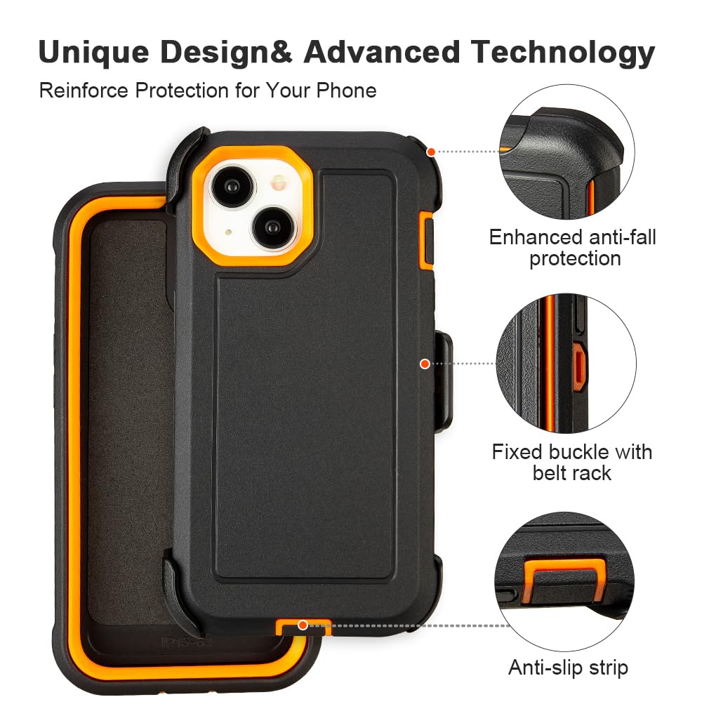 for Black iPhone 15 Case with Belt Clip, Shockproof Heavy Duty Rugged, 3 Layers of Sturdy,Anti-Drop, Military-Grade Defender Cover for iPhone 15 Case Black