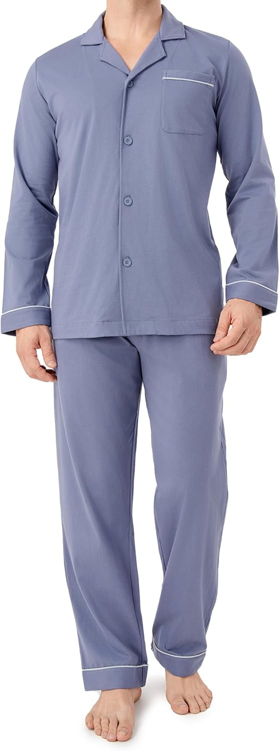 DAVID ARCHY Mens Pajamas Set Soft Cotton Notched Collar Pajamas for Men Long Sleeve Mens Sleepwear with Pockets & Front Fly