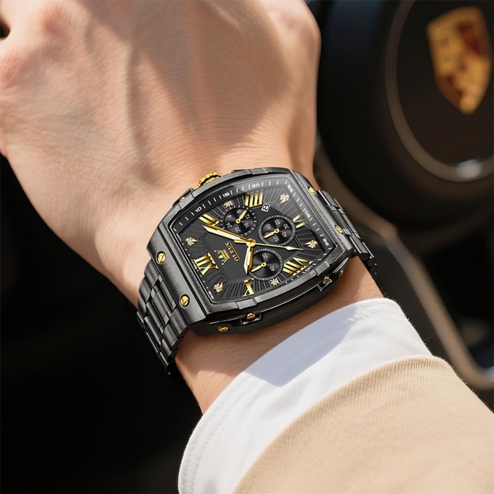 OLEVS Watches Men Chronograph Waterproof Rectangle Face Moon Phase Stainless Steel Strap Dress Watches for Men Luminous Quartz Calendar Mens Wrist Watch