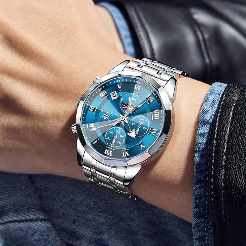 OLEVS Watches Men Luxury Chronograph Moon Phase Waterproof Luminous Watches for Men Analog Quartz Calendar Stainless Steel Strap Wrist Watches-(Black/Blue/Gold/Grey/Silver Face)